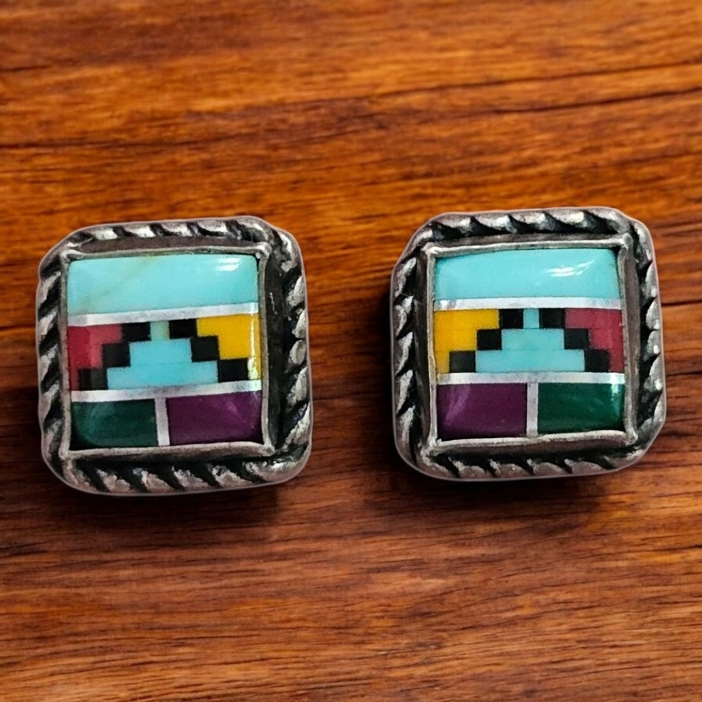 Artisan Southestern Sterling Silver and Blue Geometric Mosaic Stud Earrings